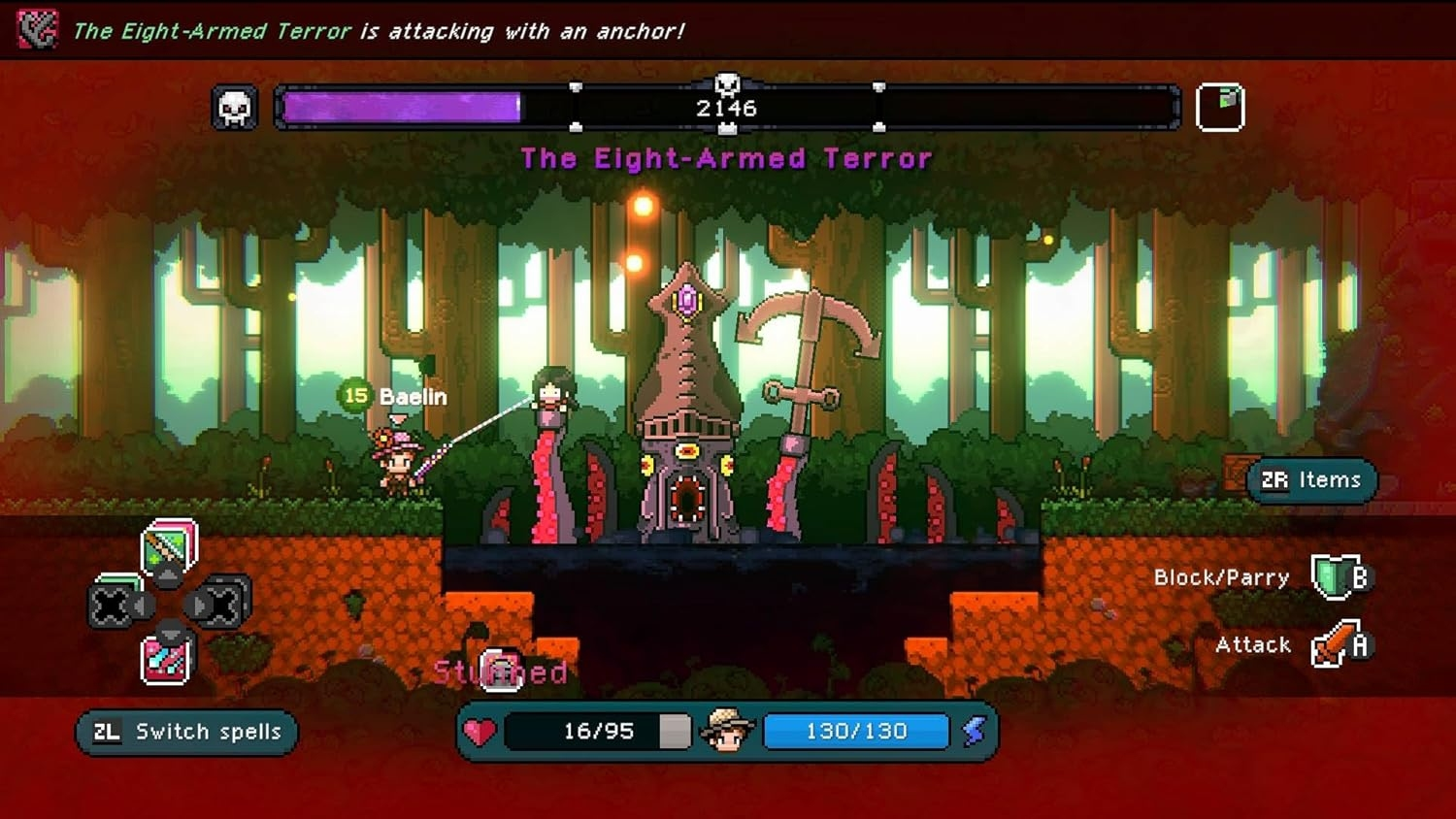 Eine pixelige Spielszene mit einem Bosskampf. Ein Charakter, Baelin, steht einem Monster gegenüber. Der Achtarmige Terror greift mit einem Anker an.