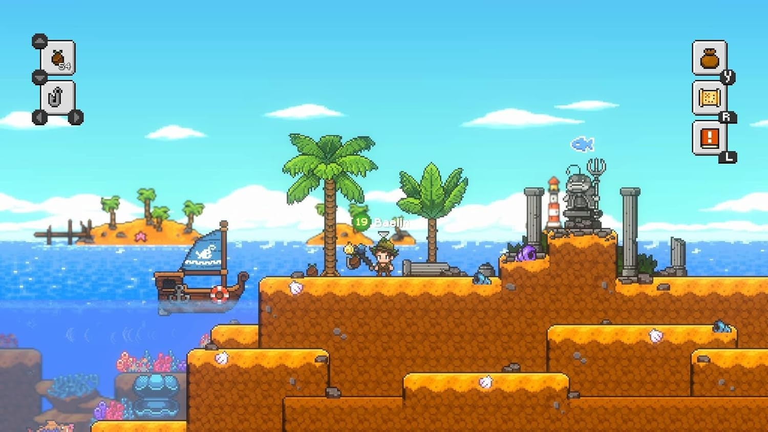 Eine pixelige Szene mit einem Boot, einem Charakter und einer Insel. Palmen, Ozean und Himmel sind im Hintergrund. Ein Charakter mit Hut hält eine Waffe.