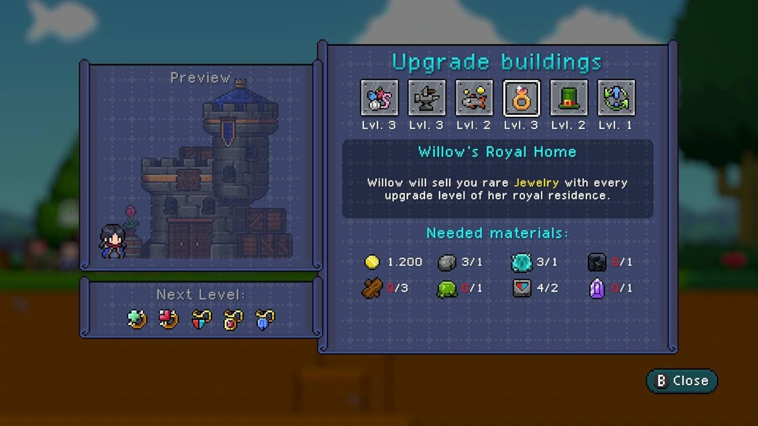 Spieloberfläche mit Gebäude-Upgrade-Optionen. Enthält eine Vorschau des Gebäudes, benötigte Materialien und einen Shopkeeper-Charakter.