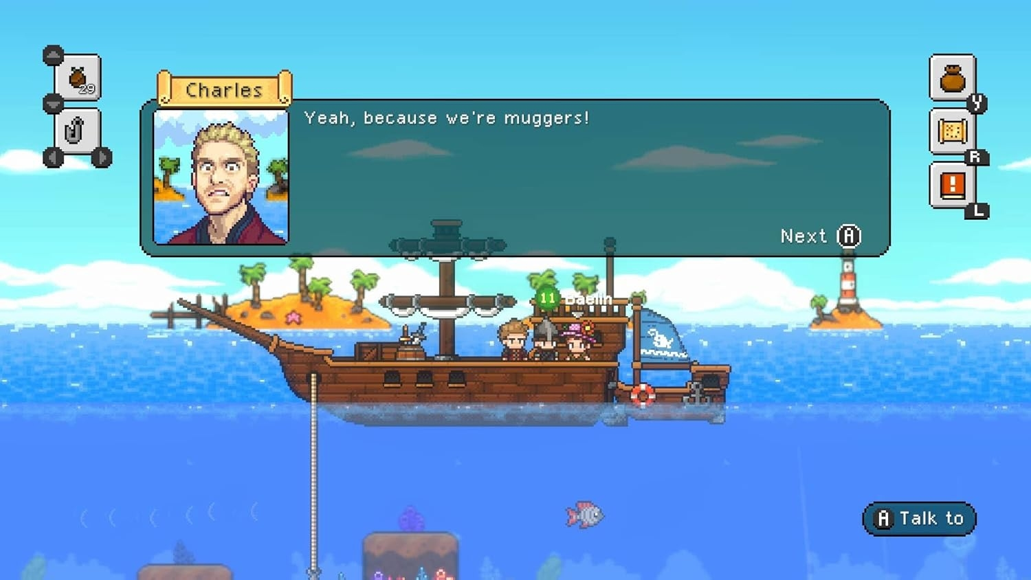 Pixelige Spielszene mit einem Schiff auf dem Wasser. Charaktere befinden sich auf dem Schiff. Eine Figur namens Charles spricht. Ein Leuchtturm ist in der Ferne.