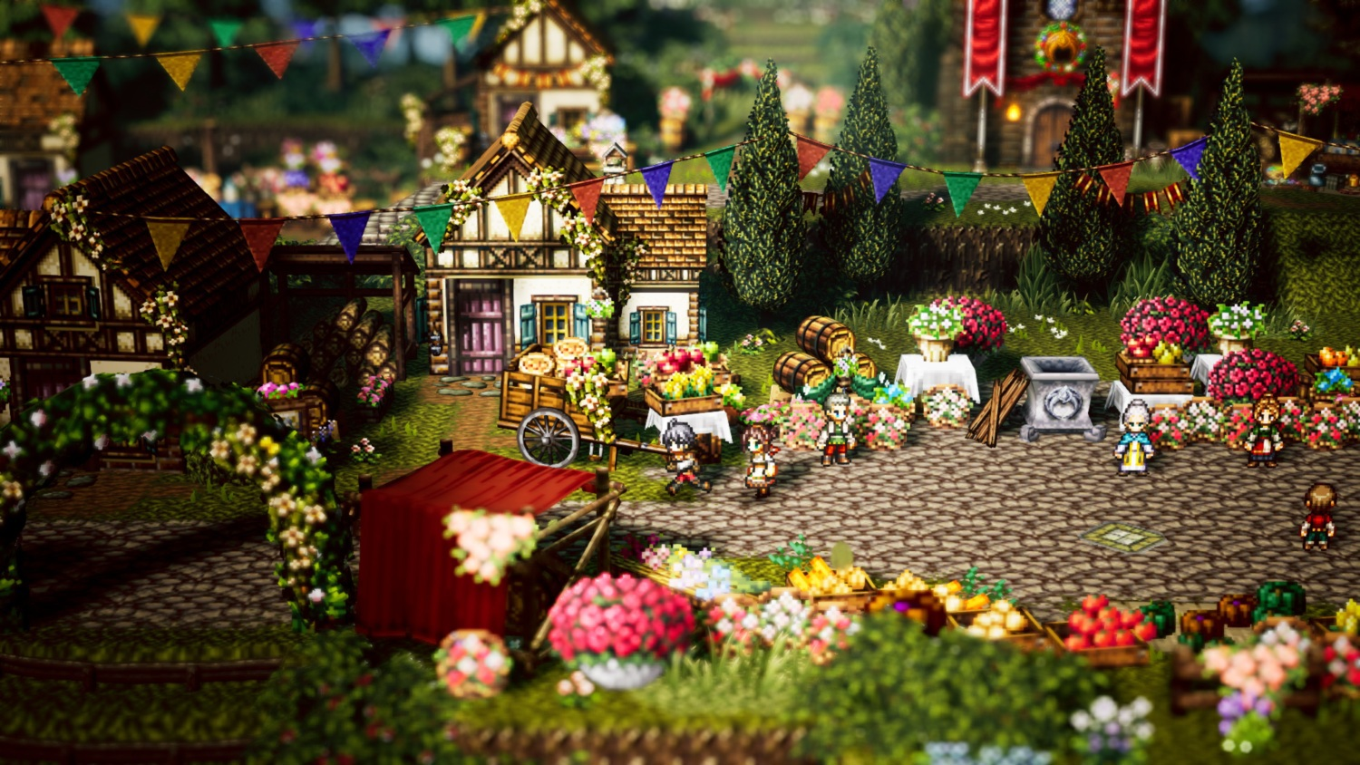 Eine lebendige Dorfansicht mit Blumenständen, Charakteren und Gebäuden. Bunte Fahnen und Bäume schaffen eine festliche Atmosphäre.
