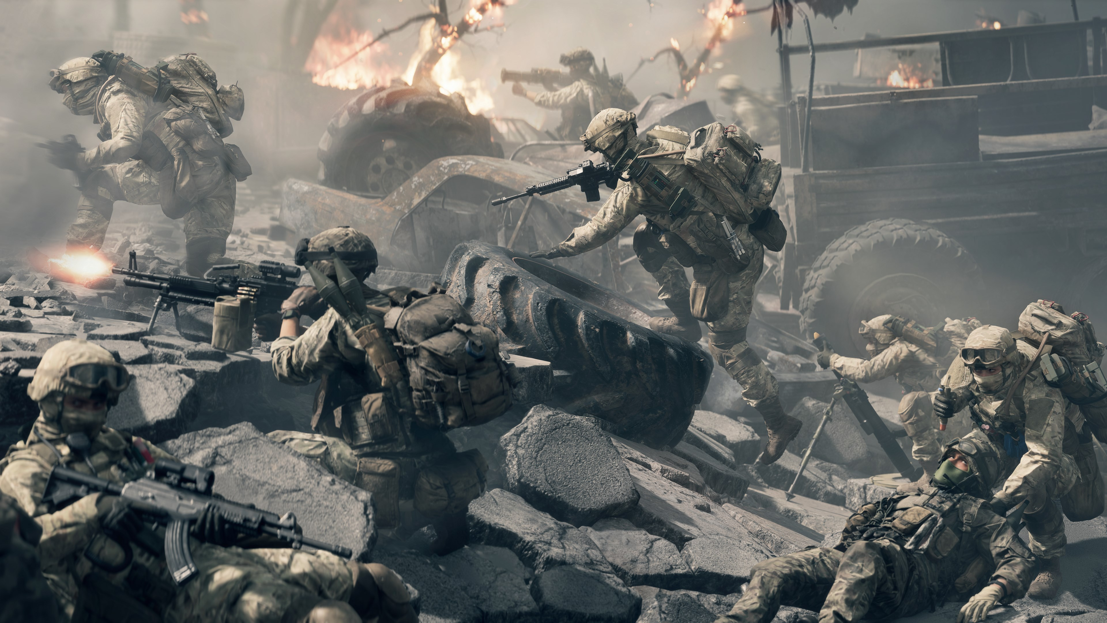 Soldats au combat. Ils sont en camouflage, naviguant dans un environnement ravagé par la guerre avec de la fumée et du feu en arrière-plan.