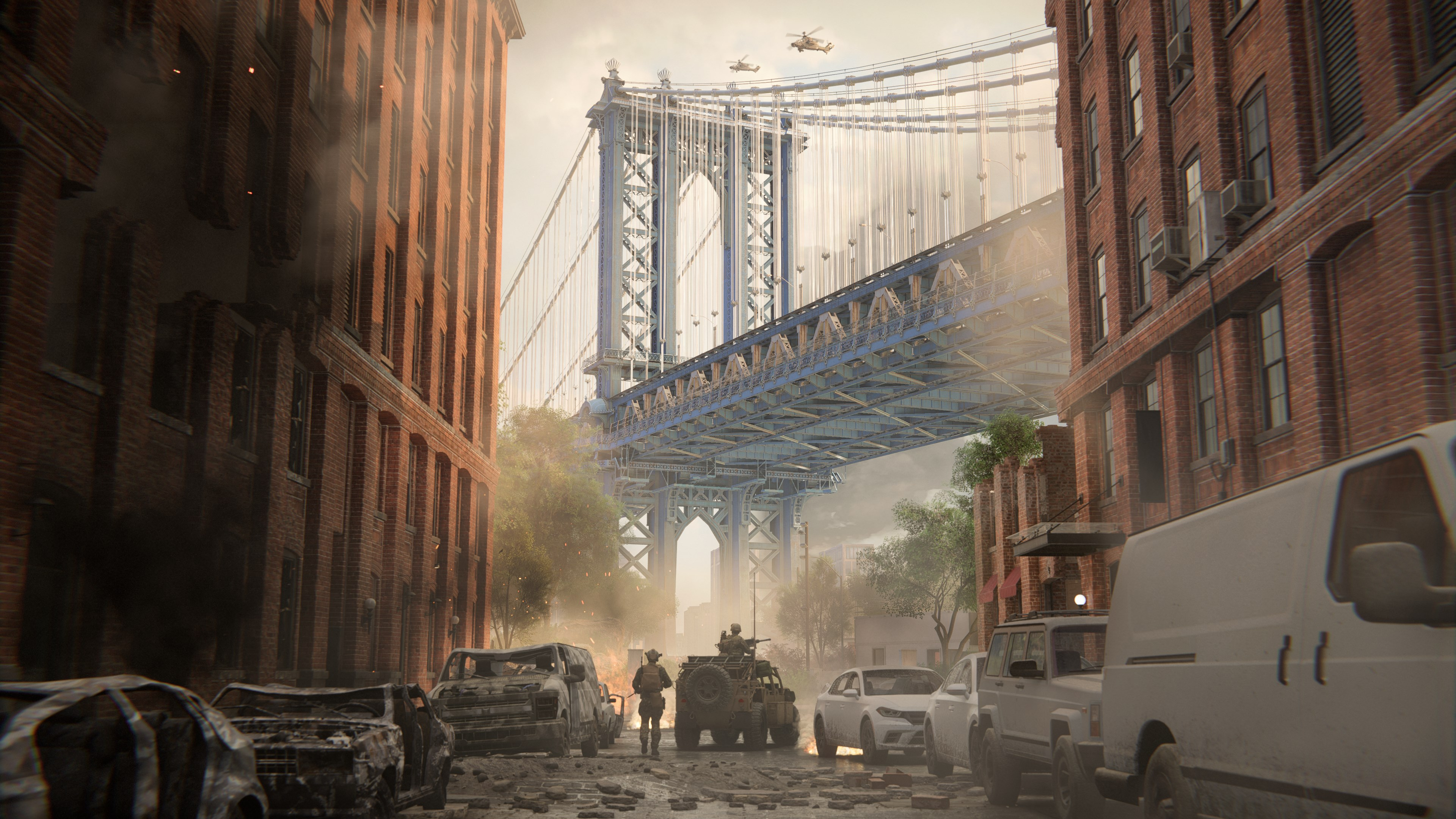 Scène post-apocalyptique avec un pont en arrière-plan. Des soldats et des véhicules dans une rue avec des bâtiments endommagés.