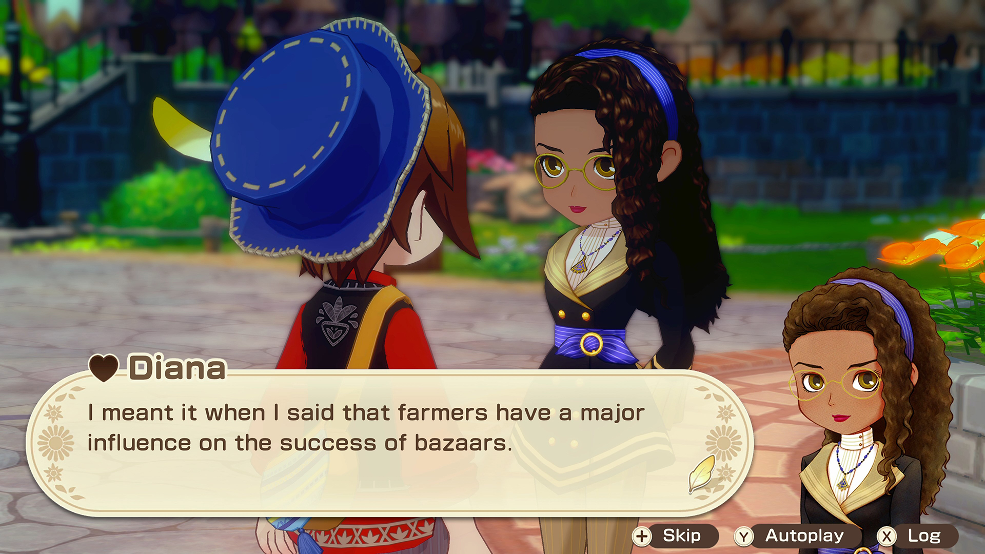 Una scena di gioco con tre personaggi. La nuvoletta di dialogo dice: 'Intendevo dire quando ho detto che gli agricoltori hanno una grande influenza sul successo dei bazar.'