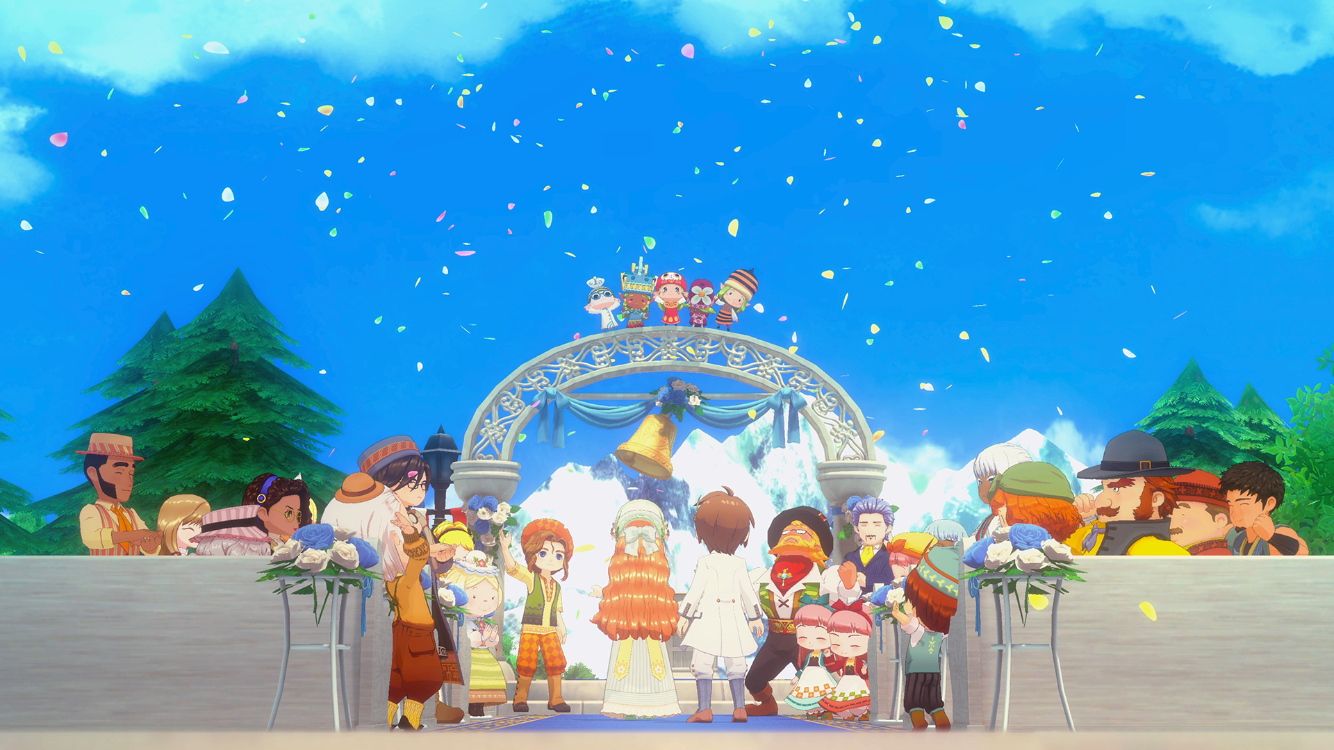 Una scena di matrimonio con molti personaggi dei cartoni animati. Coriandoli cadono dal cielo blu. Un arco decorato con una campana è al centro.