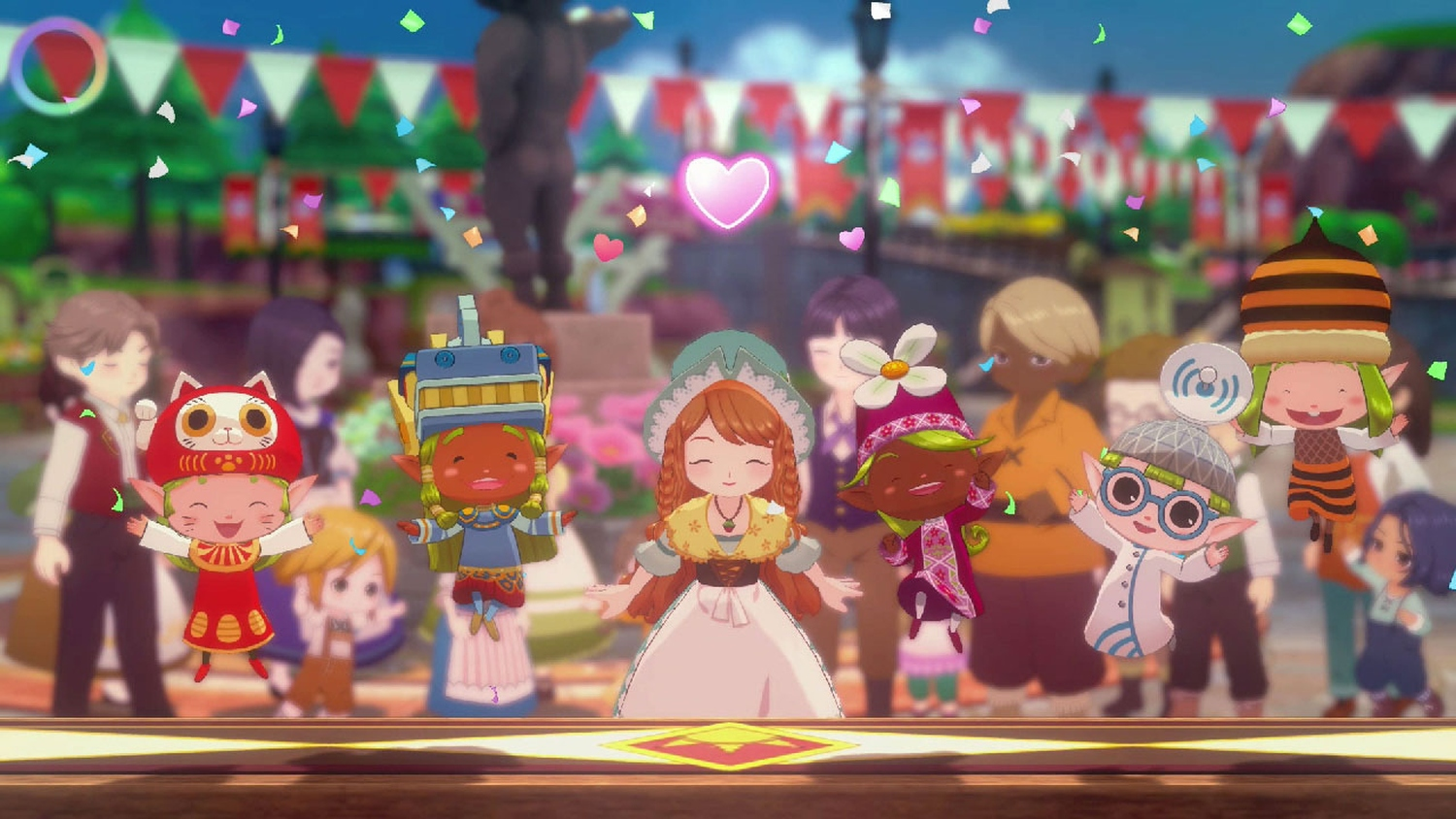 Un gruppo di personaggi dei cartoni animati in un ambiente festoso. Coriandoli, un cuore e una statua sono visibili. I personaggi sorridono e festeggiano.