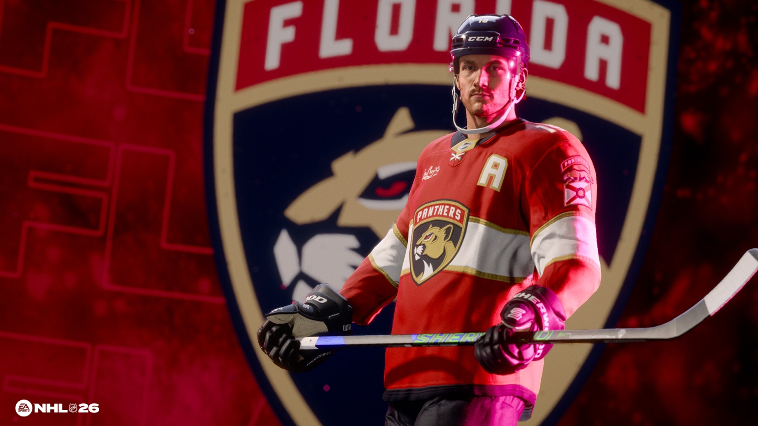 Ein Eishockeyspieler in einem rot-weißen Trikot mit dem Panthers-Logo. Er hält einen Schläger vor einem Hintergrund mit dem Teamlogo.