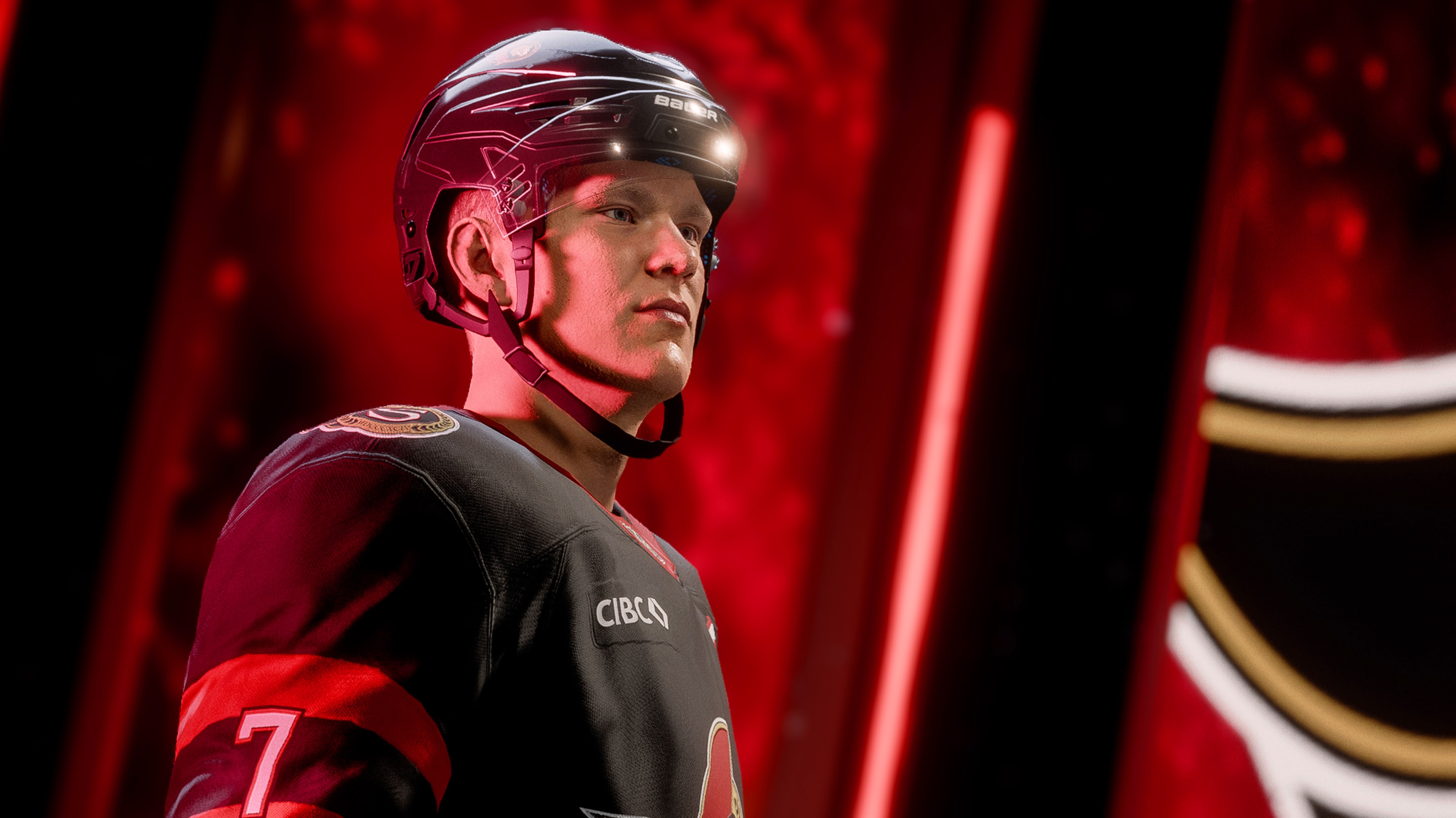 Eishockeyspieler in schwarzem Trikot mit der Nummer 7, Helm. Roter und schwarzer Hintergrund mit Beleuchtung.