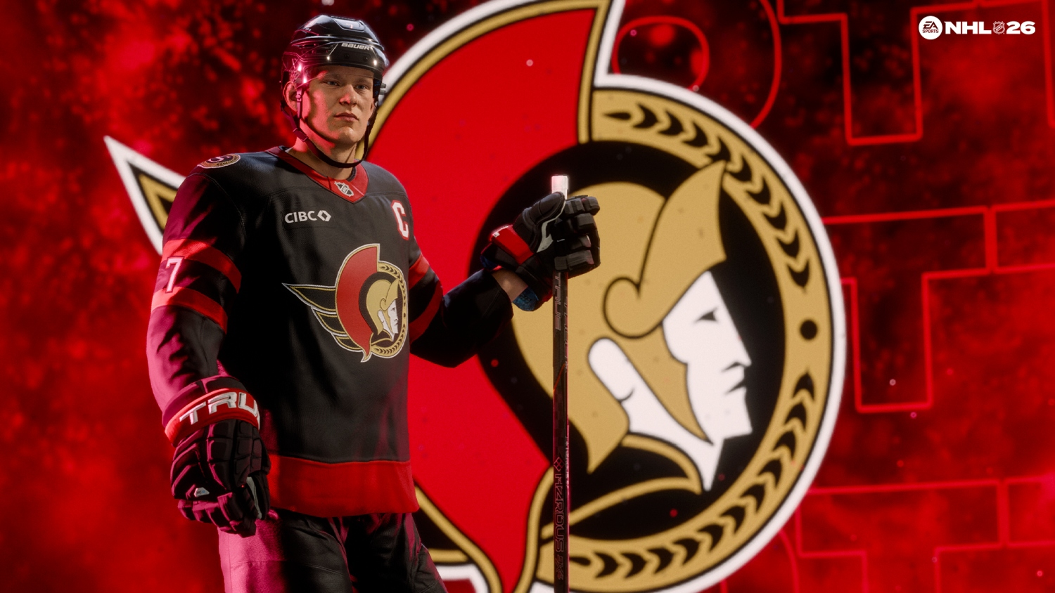 Eishockeyspieler in schwarzem und rotem Trikot mit dem Ottawa Senators-Logo, hält einen Hockeyschläger, vor rotem Hintergrund.