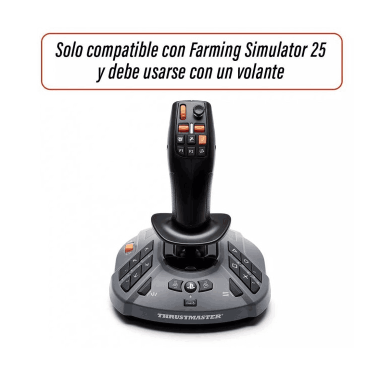 Un joystick Thrustmaster negro y gris con botones. El texto superior indica compatibilidad con Farming Simulator 25 y un volante.