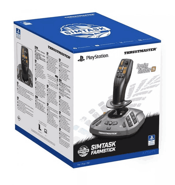 Caja de un Thrustmaster Simtask Farmstick para Farming Simulator 25. La caja es azul y blanca, con el joystick en exhibición.