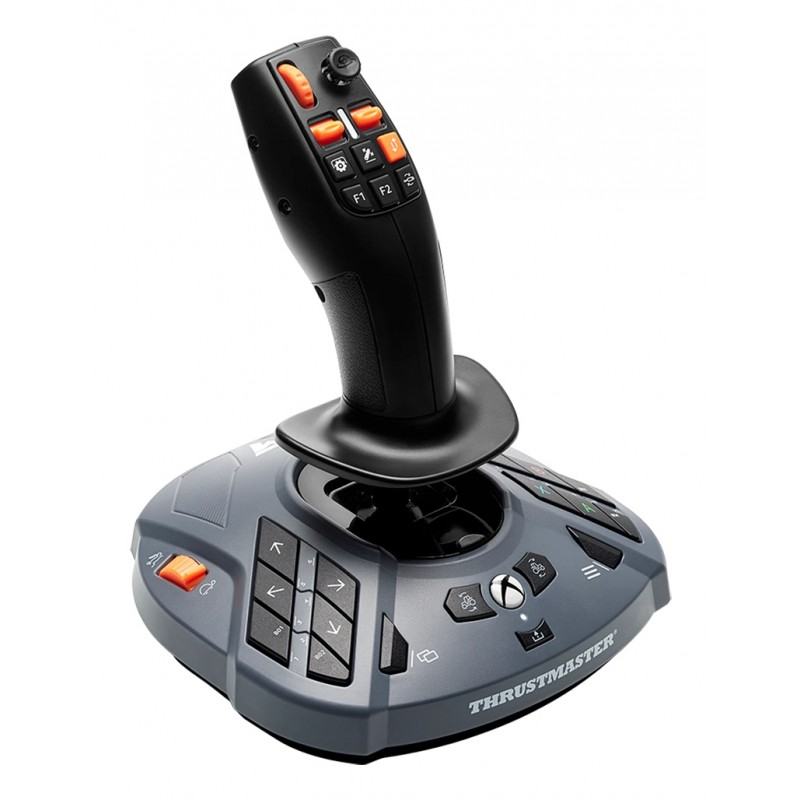 Un joystick Thrustmaster. Empuñadura negra con botones naranjas arriba. Base gris con varios botones y el logotipo de Xbox.