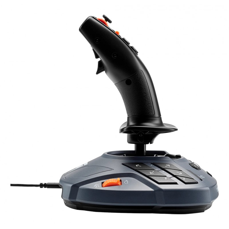 Un joystick negro y gris con acentos naranjas. Tiene botones, un gatillo y una base con controles direccionales. Está sobre fondo blanco.