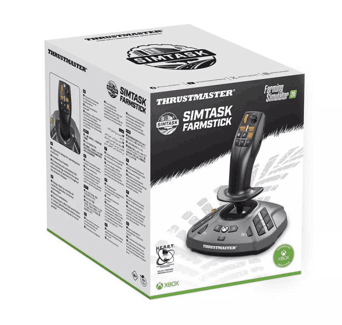 Un joystick Thrustmaster Simtask Farmstick para Farming Simulator 25, en su caja. La caja es blanca con detalles negros y el logo de Xbox.