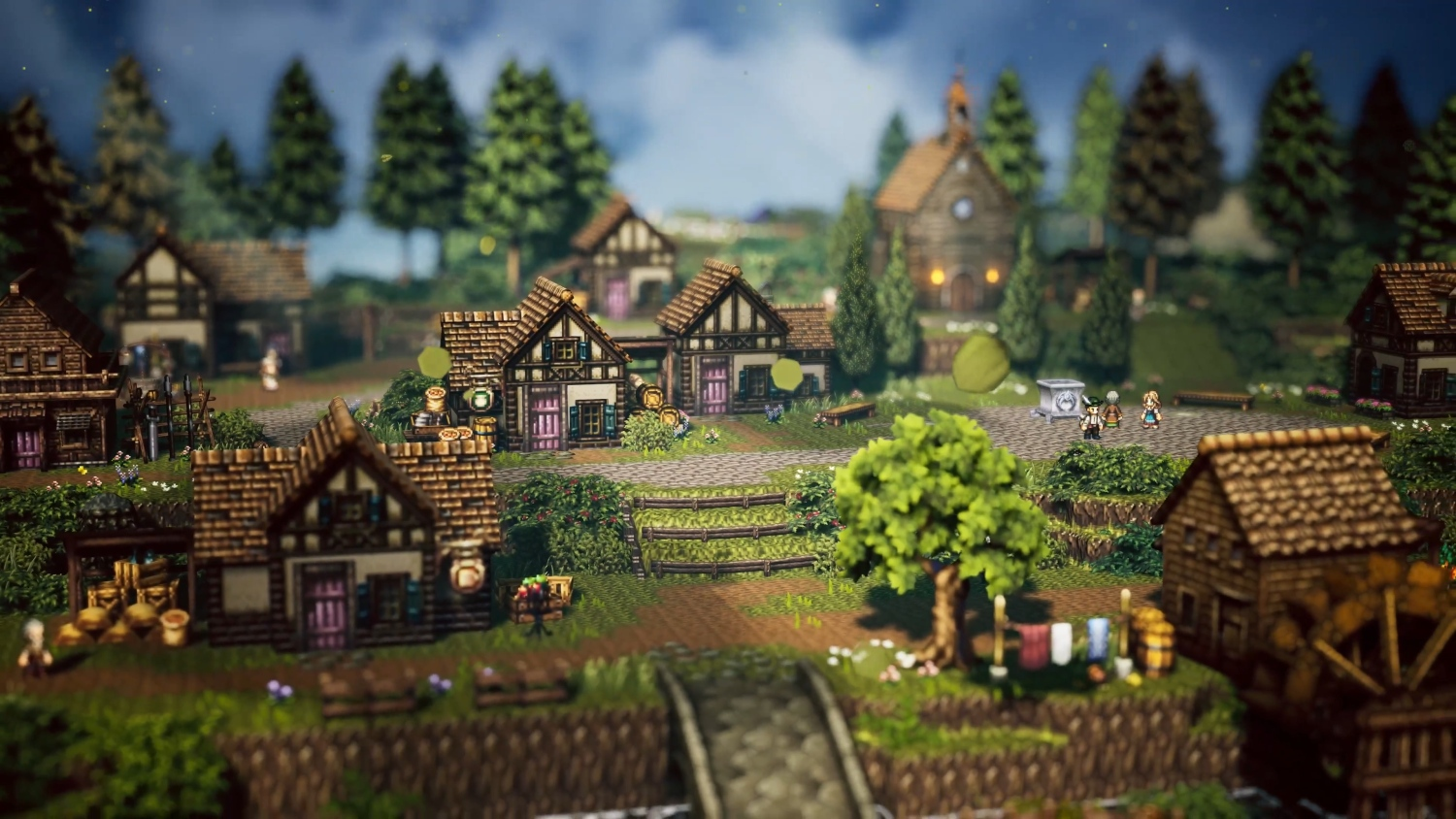 Une scène de village avec des maisons, des arbres et des gens. Une église et une roue à aubes sont visibles. La scène a une esthétique pixélisée.