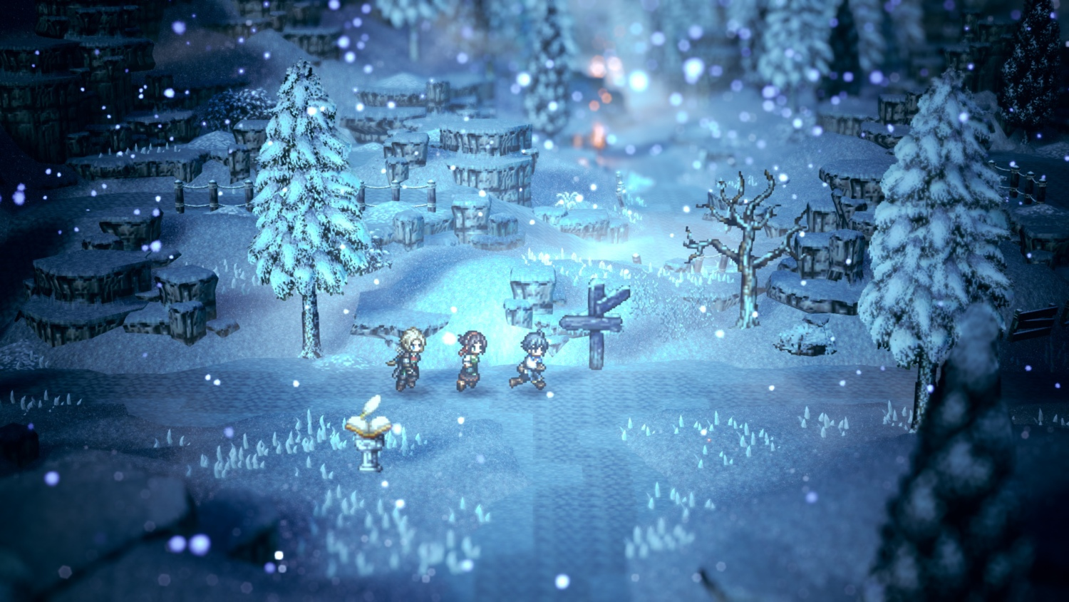 Un paysage enneigé avec trois personnages marchant vers un panneau en forme de croix. Arbres et neige recouvrent la scène.