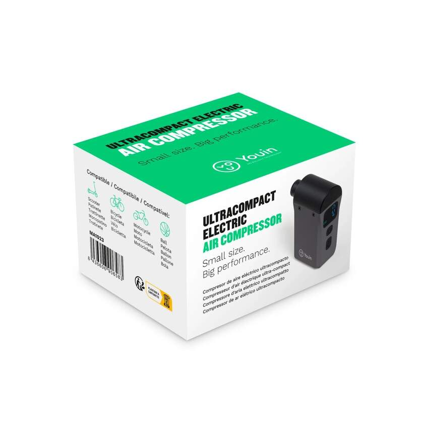 Una caja blanca con texto y un pequeño compresor de aire negro. El texto dice 'ULTRACOMPACT ELECTRIC AIR COMPRESSOR'.