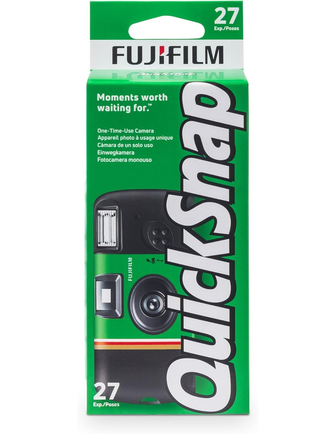 Una caja de cámara Fujifilm QuickSnap. Verde con texto blanco. Muestra una imagen de cámara negra y las palabras QuickSnap en blanco.
