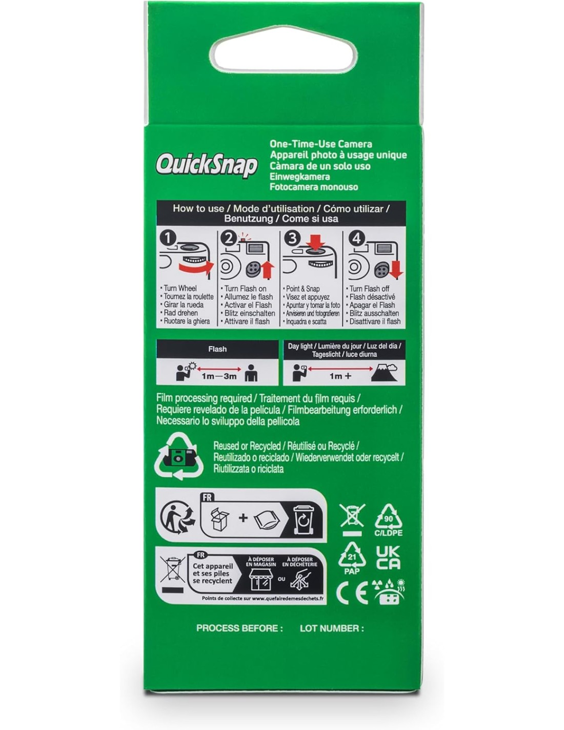 Una caja verde de cámara QuickSnap con instrucciones en varios idiomas. Muestra cómo usar la cámara y símbolos de reciclaje.