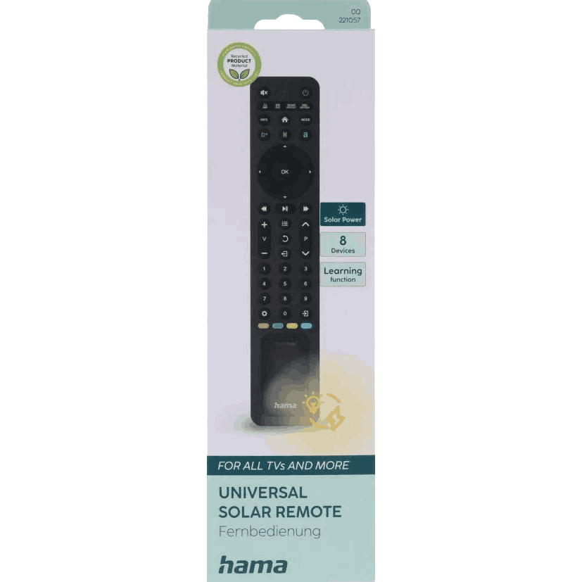 Un mando a distancia universal negro con energía solar en un paquete. Tiene muchos botones, marca: hama, y dice 'Para todos los televisores y más'.