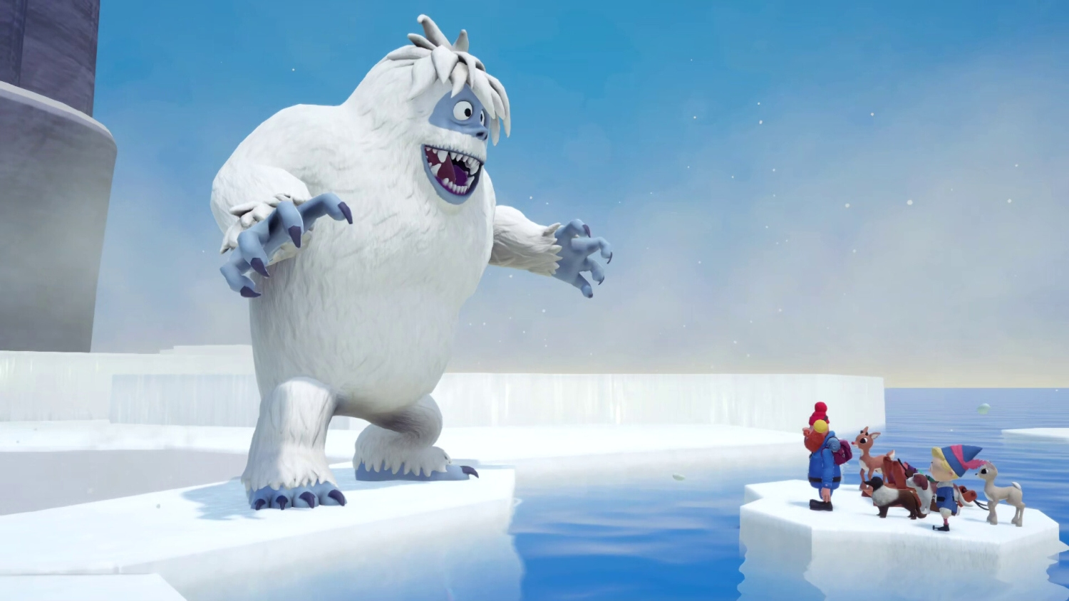 Ein riesiger weißer Yeti mit blauen Krallen und einem breiten Grinsen blickt eine kleine Gruppe von Charakteren auf einem Eisberg an.