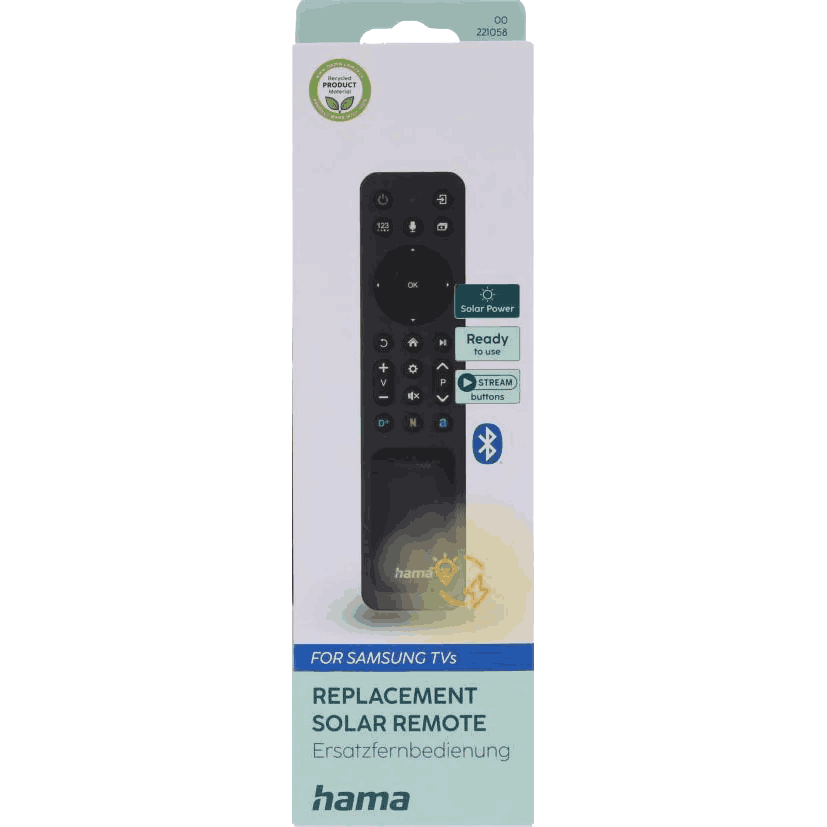 Un mando a distancia solar negro Hama para televisores Samsung. Tiene botones de encendido, volumen, canales y transmisión. El paquete dice 'Ready to use'.