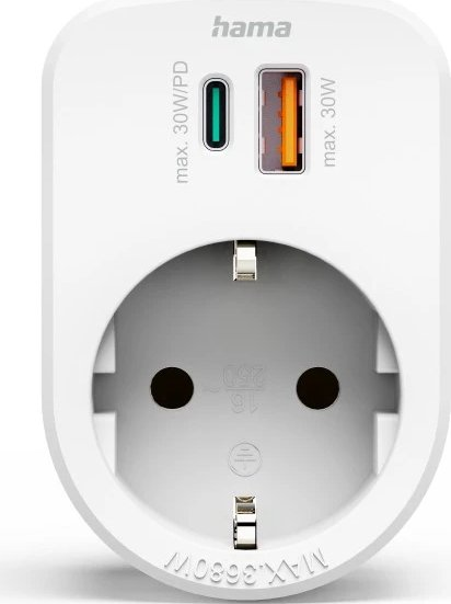 Adaptador de corriente Hama blanco con enchufe y puertos USB-C y USB-A. El adaptador tiene un enchufe redondo y está etiquetado con max 30W.