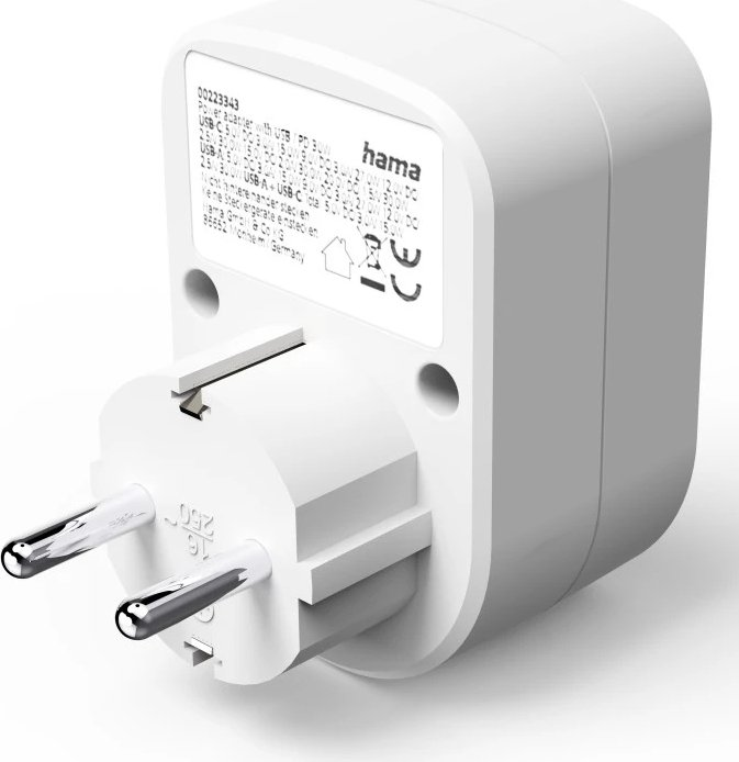 Un adaptador de corriente Hama blanco con puertos USB y clavijas. Es una toma de cerca sobre un fondo blanco, que muestra detalles.
