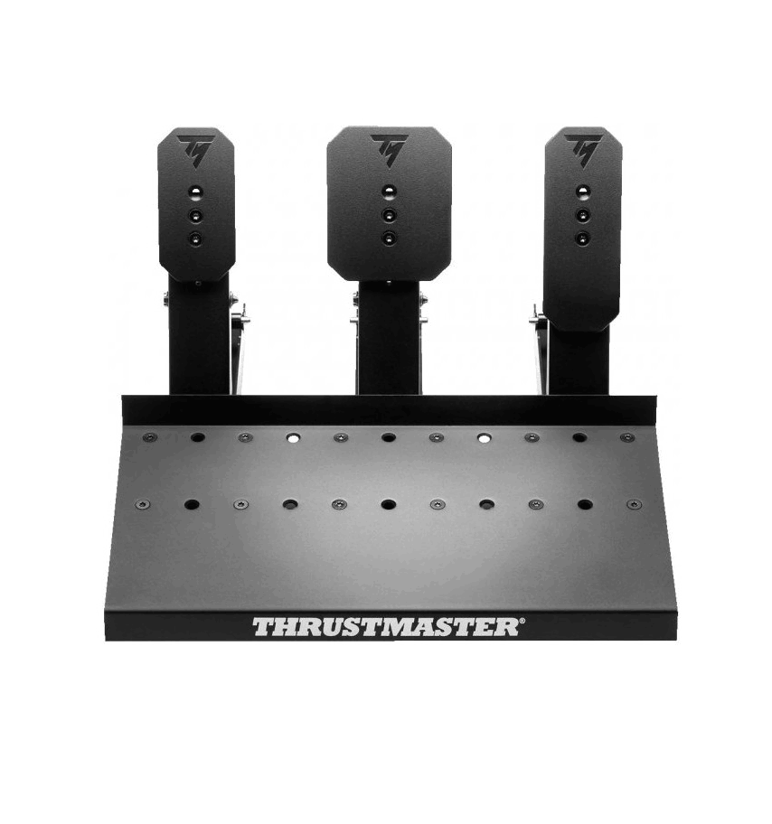 Juego de pedales Thrustmaster negro. Tres pedales sobre base negra. Logotipo de Thrustmaster visible.