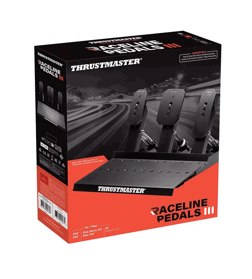 Una caja Thrustmaster Raceline Pedals III muestra pedales de carreras. La caja es negra y roja con detalles del producto y logotipos.