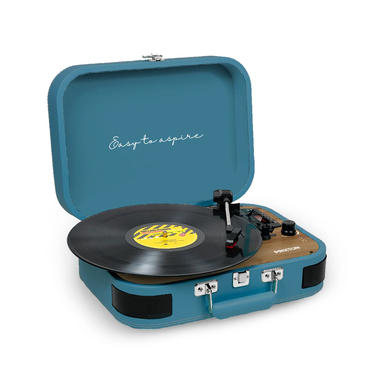 Un tocadiscos azul con tapa abierta. Un disco de vinilo en el plato. La tapa dice 'Easy to aspire'.