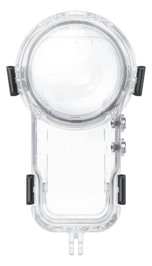 Una carcasa de cámara subacuática transparente y rectangular. Tiene una cubierta de lente circular y cierres negros.
