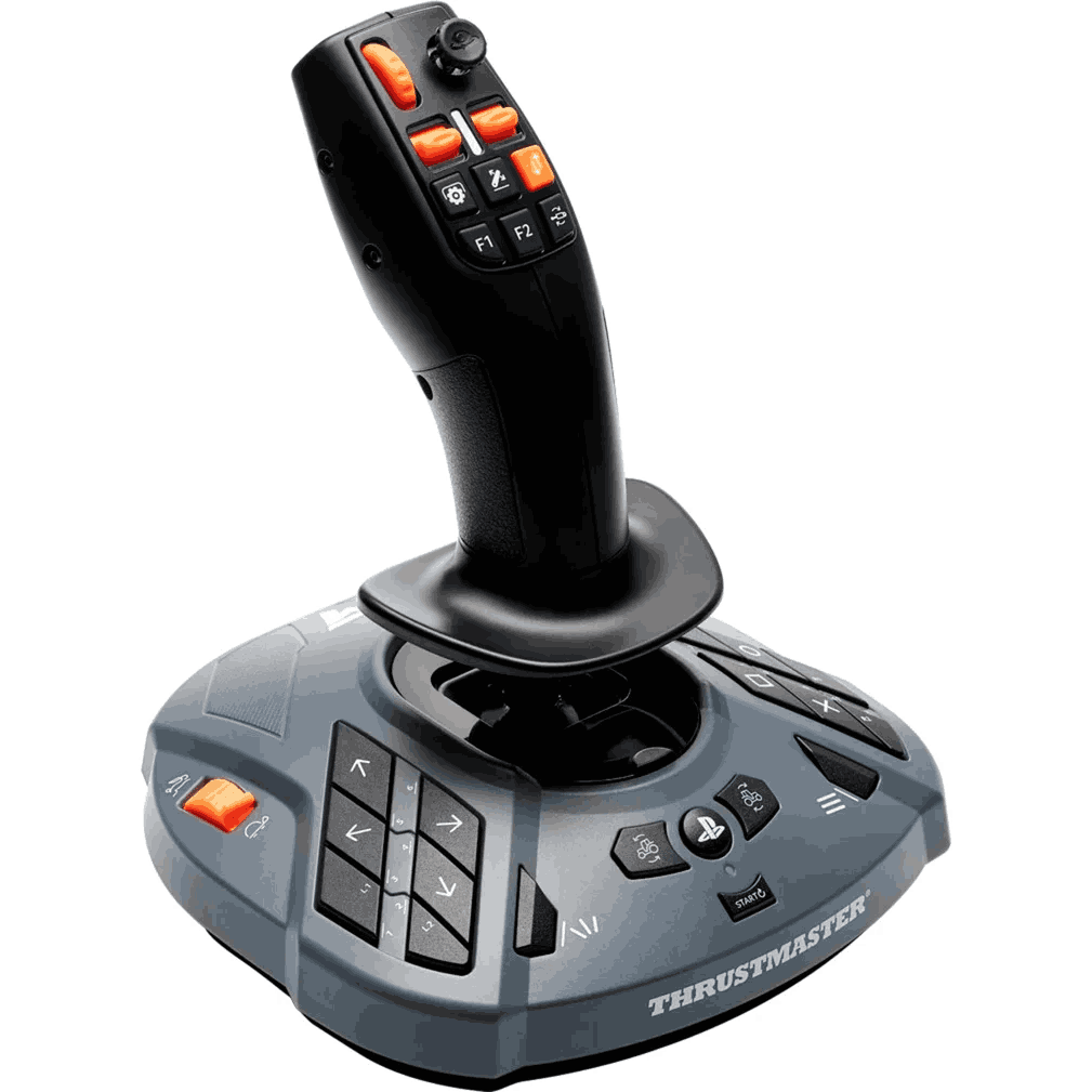 Un joystick Thrustmaster. Tiene un mango negro con botones naranjas y una base gris con varios botones y un símbolo de Playstation.
