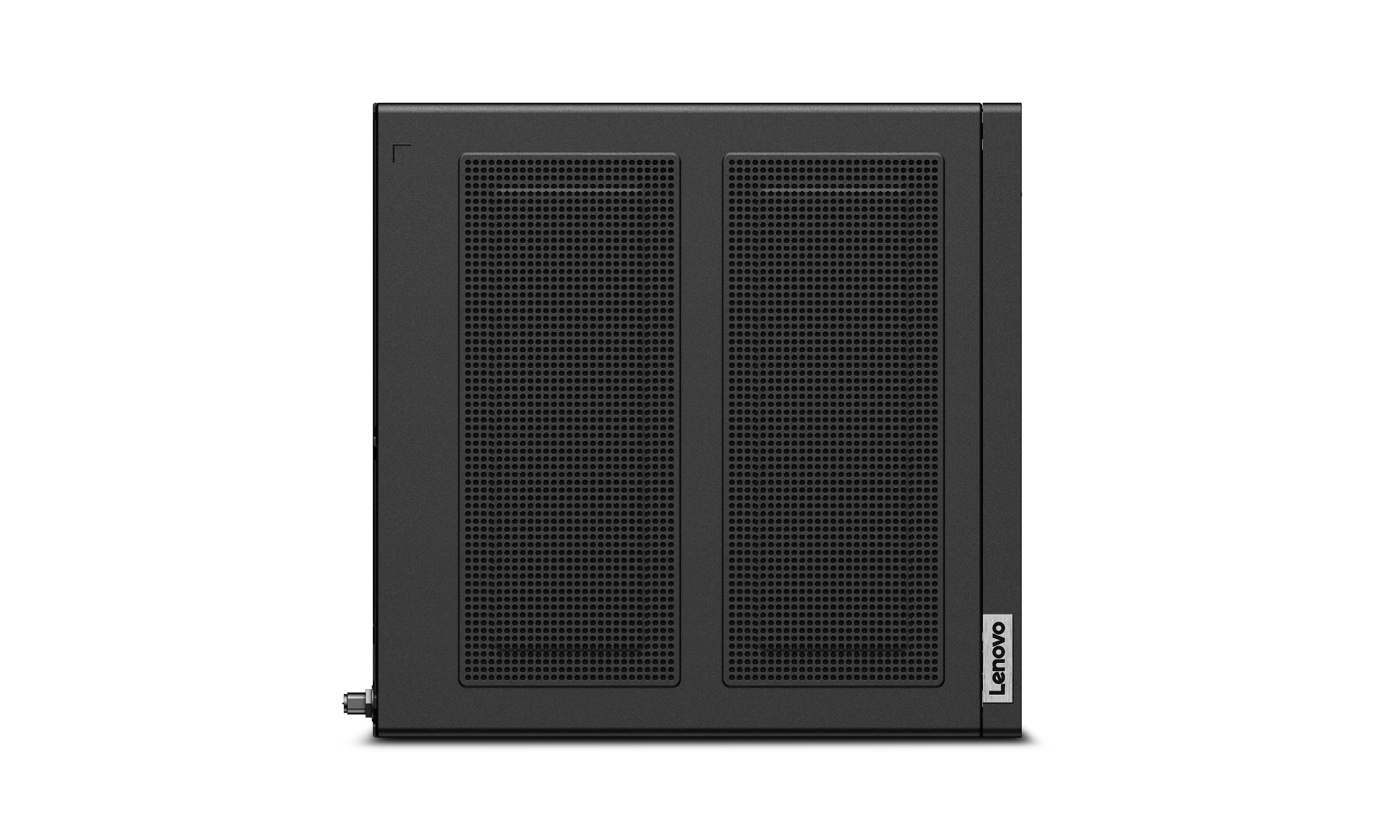 Ein schwarzes Lenovo-Desktop-Computergehäuse. Es hat zwei perforierte Abschnitte und ein Lenovo-Logo.