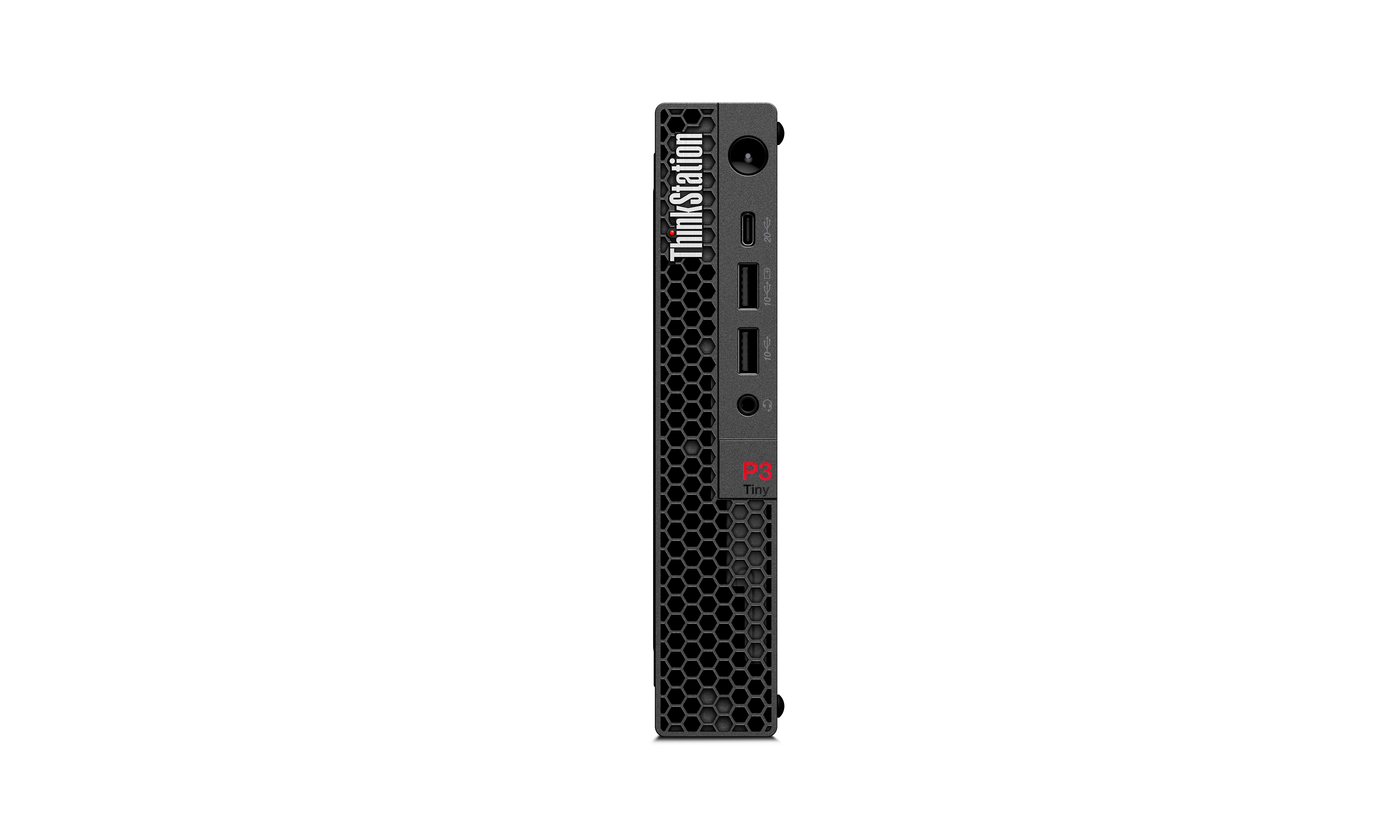 Ein schwarzer ThinkStation P3 Tiny Computer steht aufrecht vor schwarzem Hintergrund. Es hat Anschlüsse und ein Wabendesign an der Seite.