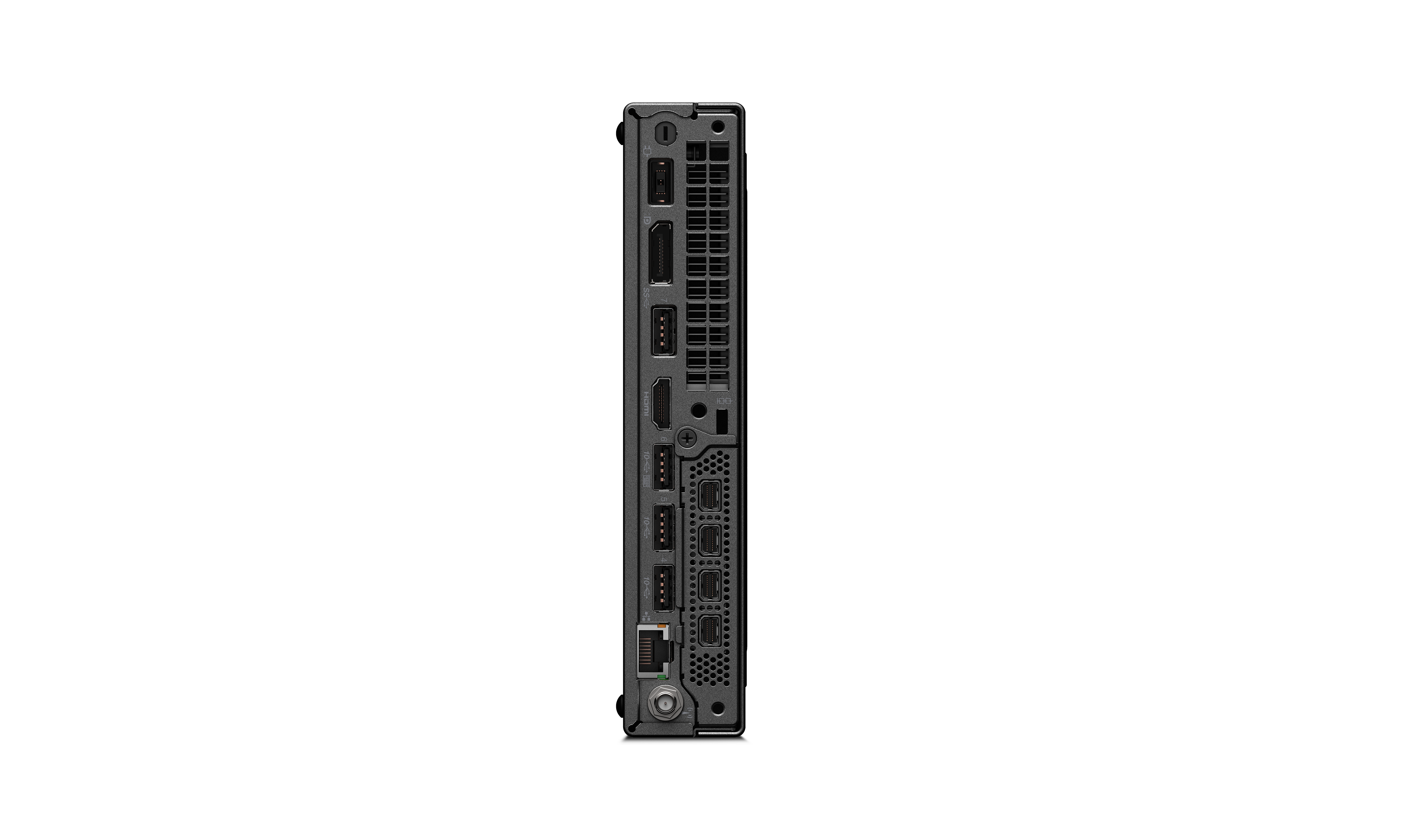Die Rückseite eines schwarzen Computers mit verschiedenen Anschlüssen und Steckern, einschließlich HDMI, USB und Ethernet, vor schwarzem Hintergrund.