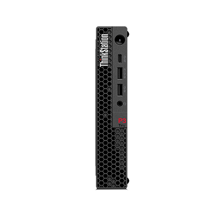Ein schwarzer Lenovo ThinkStation P3 Tiny Computer. Zu den Merkmalen gehören USB-Anschlüsse, ein Ein-/Ausschalter und das ThinkStation-Logo.