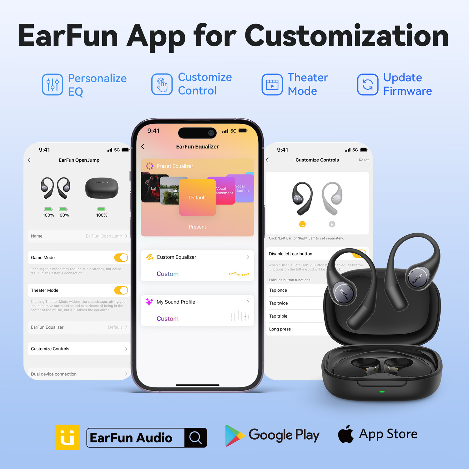 Az EarFun alkalmazás felülete telefonos képernyőkkel, amelyek az equalizer beállításait, a fülhallgató vezérlőit és egy töltőtokot mutatnak fülhallgatókkal.