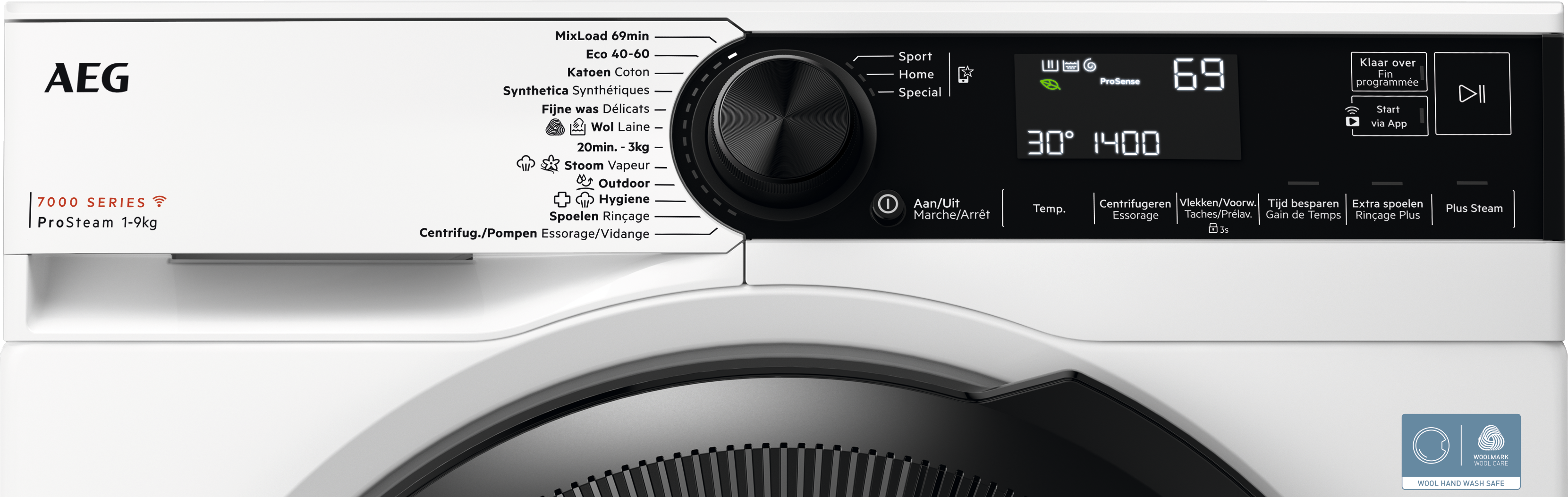 Een wit bedieningspaneel van de AEG wasmachine. Het toont verschillende wasprogramma's, een digitaal scherm met instellingen en een knop.