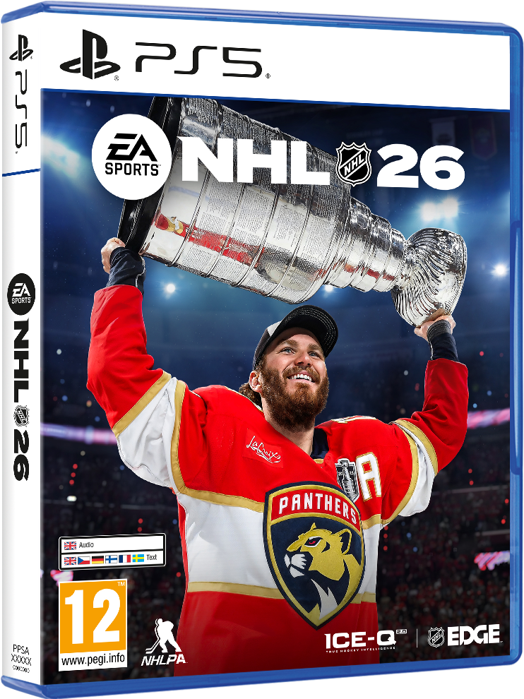 NHL 26 játékborító. Egy hokijátékos piros Florida Panthers mezben tartja a Stanley Kupát. A borítón a PS5 logó látható.