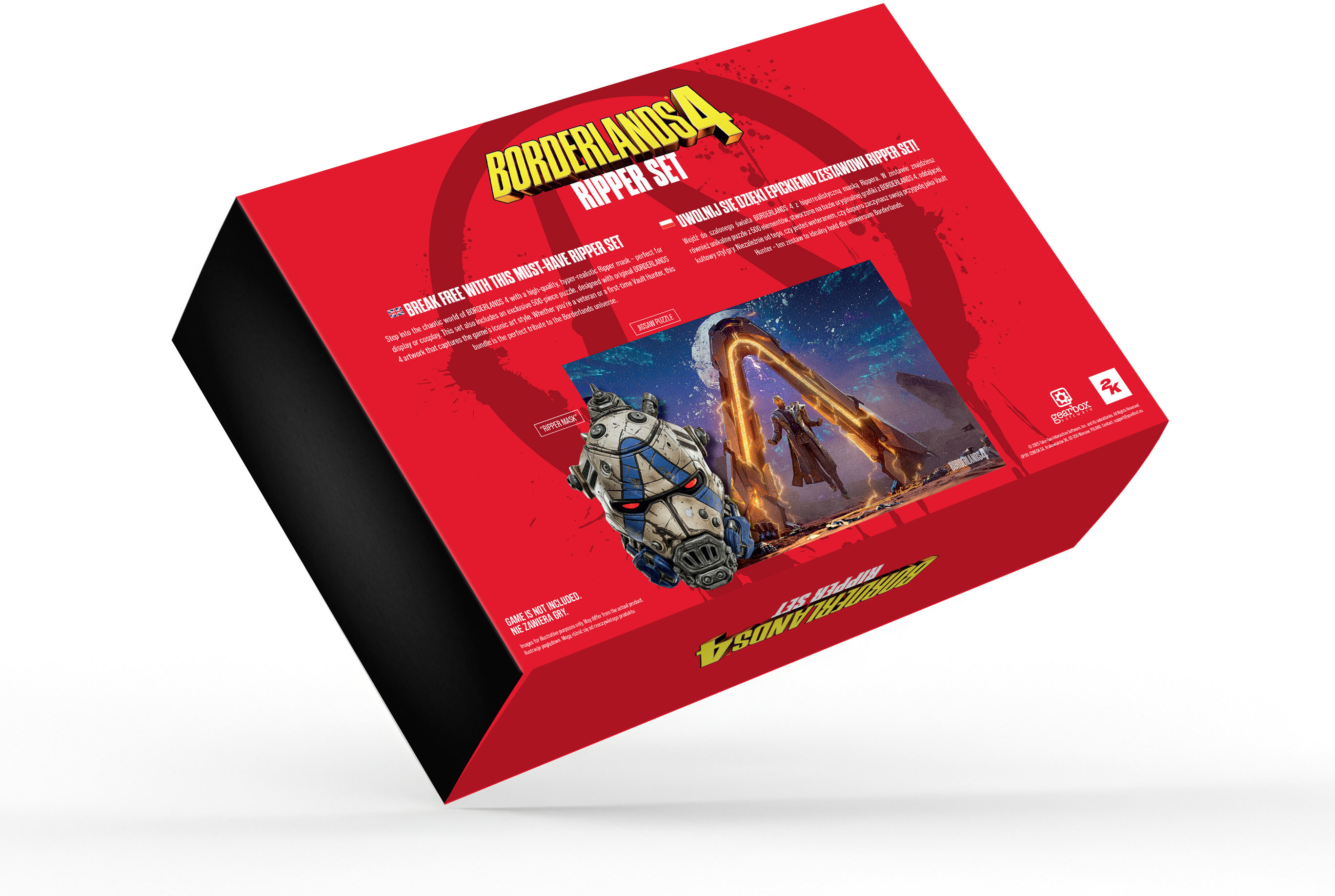 Piros doboz 'Borderlands 4' logóval. Maszkot, puzzle-t és többnyelvű szöveget tartalmaz.