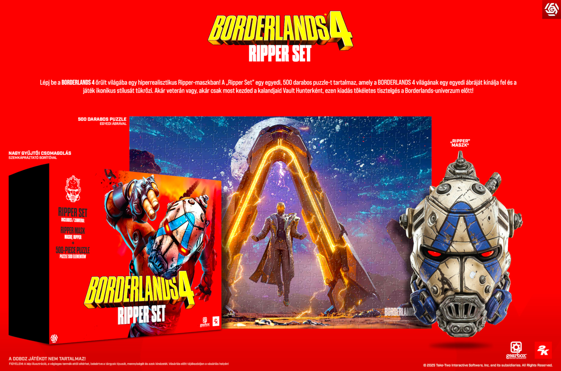 Borderlands 4 Ripper Set. Tartalmaz maszkot, 500 darabos puzzle-t, gyűjtői csomagolást. Játékművészet és logó piros háttéren.