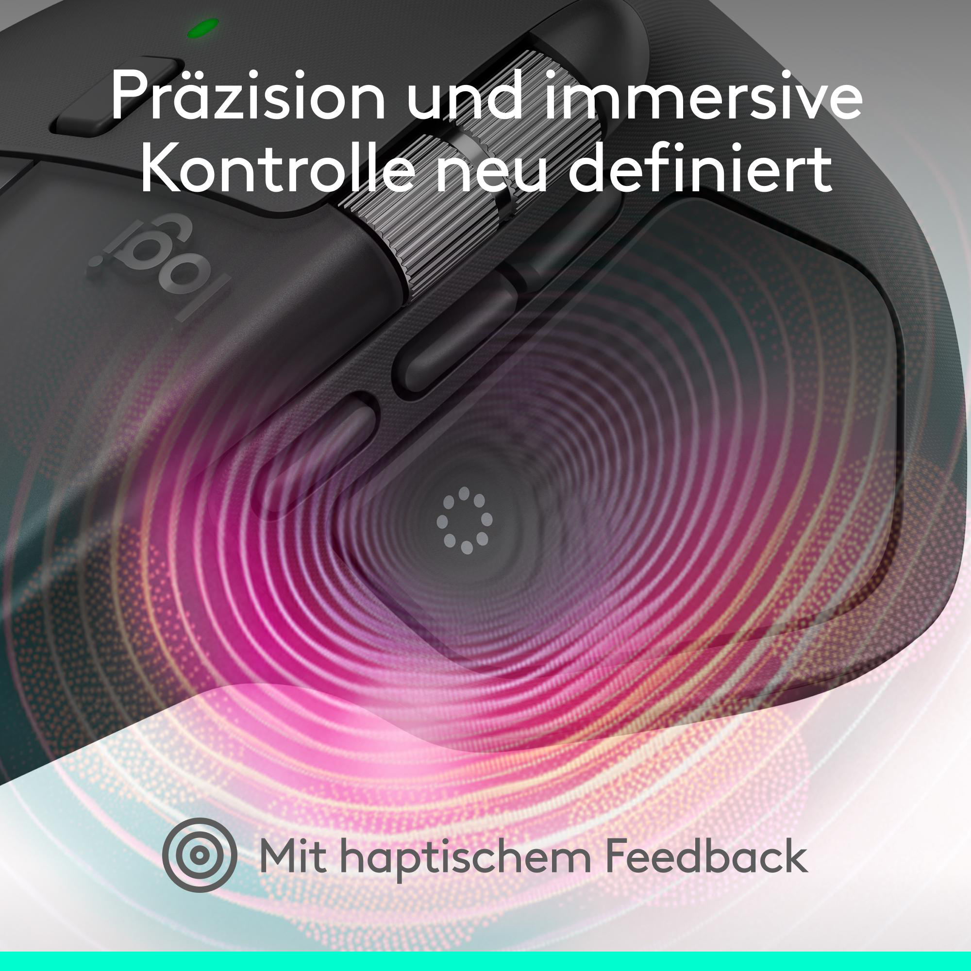 Schwarze Maus mit rosa kreisförmigem Design und Text. Die Maus hat ein grünes Licht. Der Text lautet 'Präzision und immersive Kontrolle'.