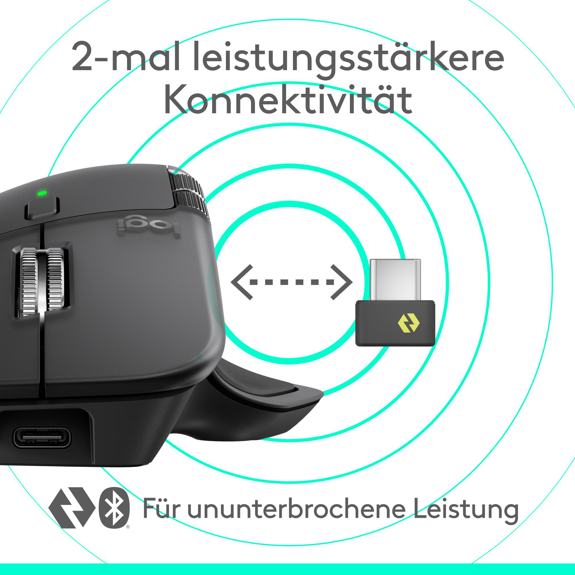 Eine schwarze Computermaus mit USB-Empfänger und eine Grafik zur Konnektivität. Der Hintergrund ist weiß mit türkisfarbenen Bögen.