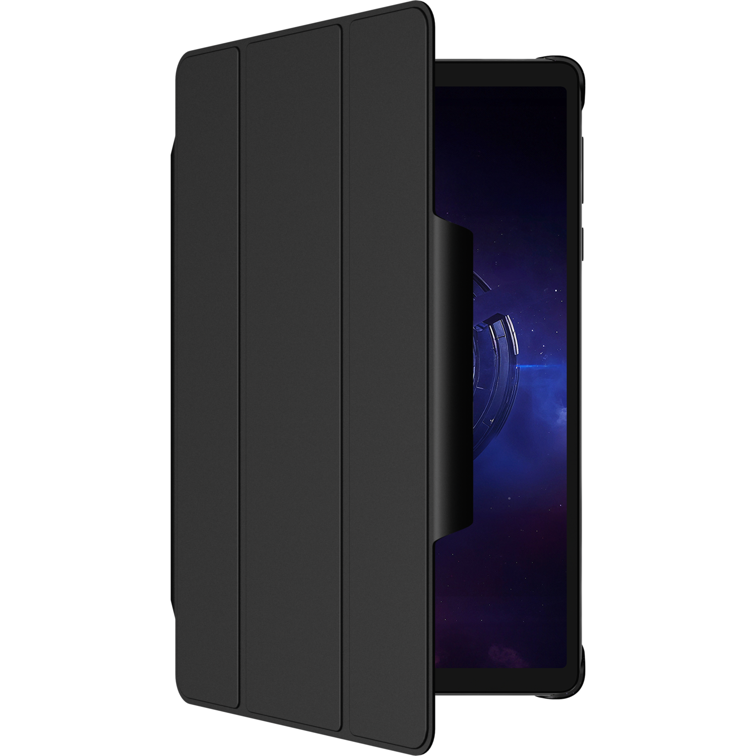 Een zwarte smartphone met een zwarte hoes wordt getoond. Het scherm toont een blauw en grijs ontwerp.