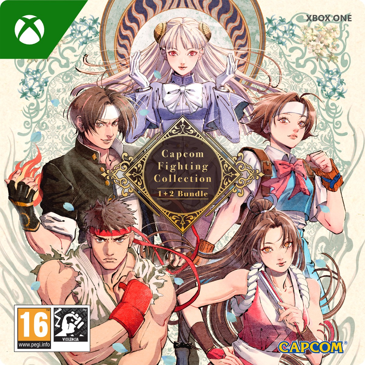 Portada de Capcom Fighting Collection: Personajes del juego, logotipo y marca Xbox One. Presenta varios personajes en poses de lucha.