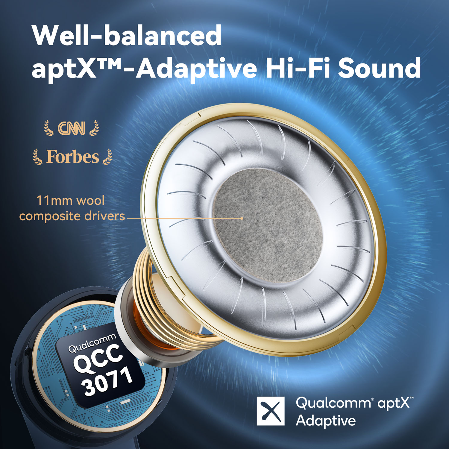 Arany szegélyű és szürke közepű fülhallgató. A szöveg említi az 'aptX Adaptive Hi-Fi Sound'-ot és a 'Qualcomm QCC 3071'-et.