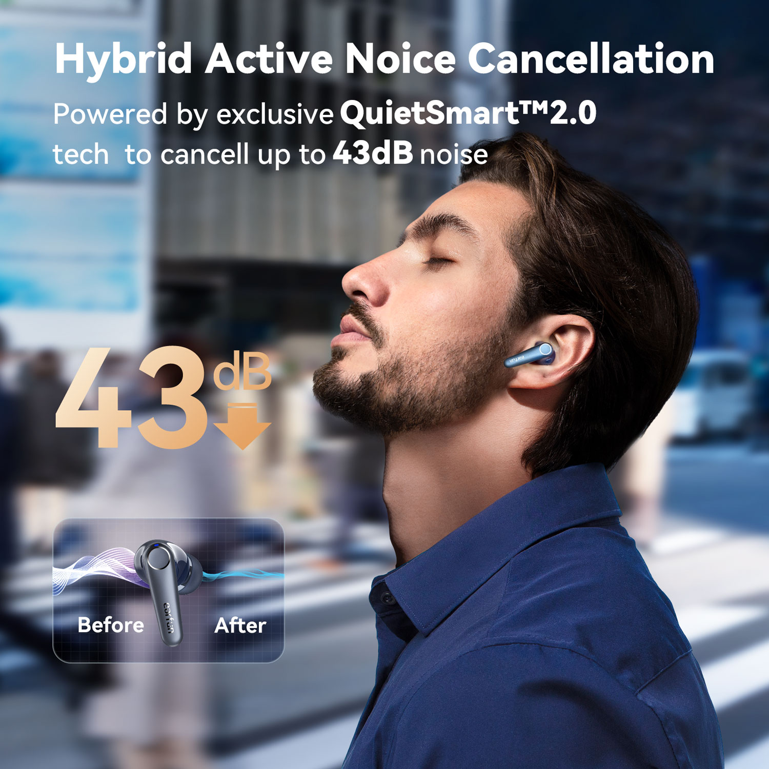 Férfi kék fülhallgatóval. A szöveg azt mondja: 'Hybrid Active Noise Cancellation'. A grafikon a zajcsökkentést mutatja a 'Előtt'-től az 'Után'-ig, '43dB' csökkentéssel.