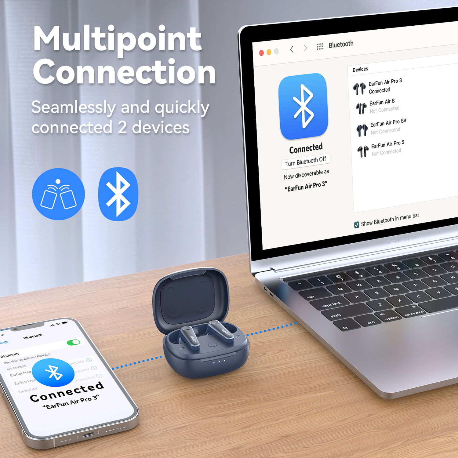 Egy laptop, telefon és fülhallgató Bluetooth-on keresztül csatlakozik. A telefon és a laptop képernyőjén a csatlakoztatott fülhallgatók láthatók.