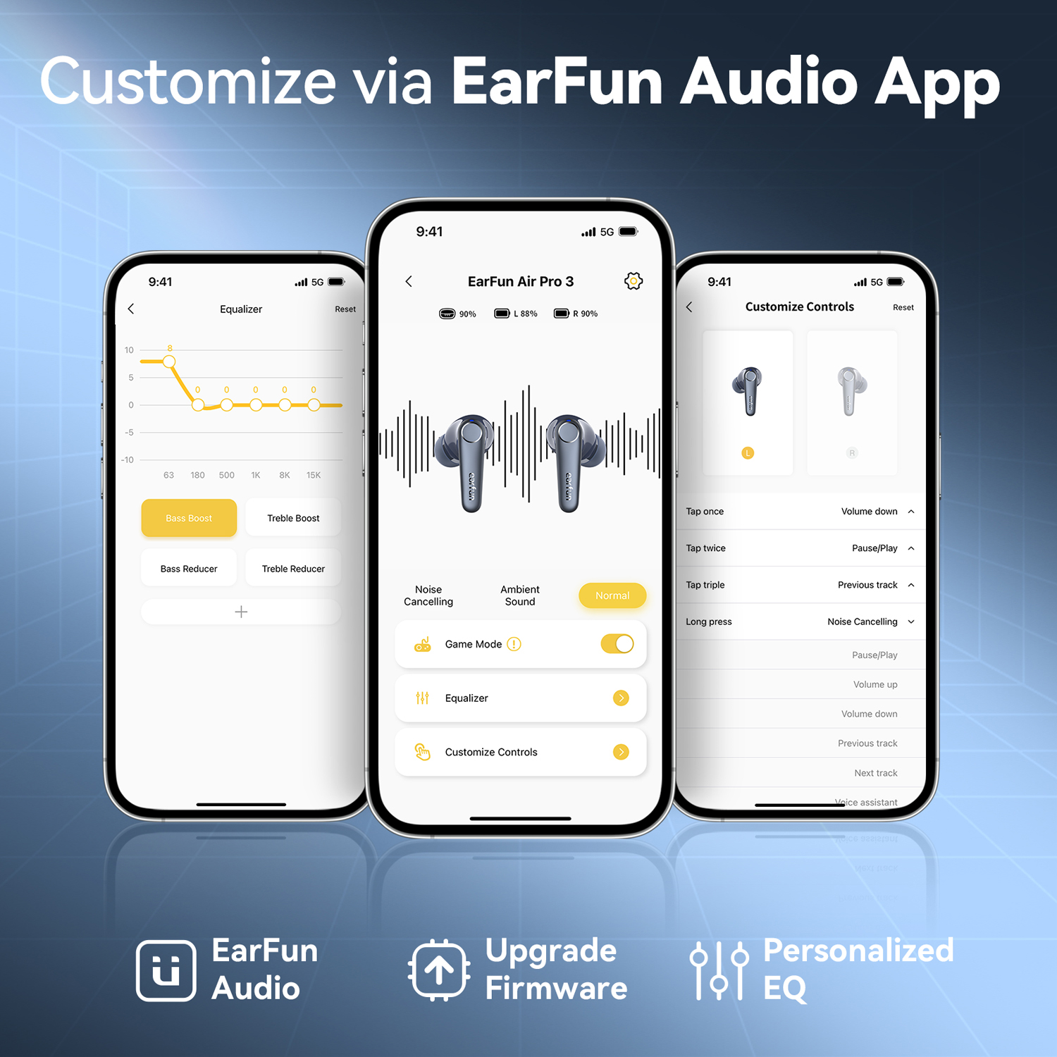 Három okostelefon az EarFun Audio alkalmazást mutatja be. Hangszínszabályzót, fülhallgatót és testreszabható vezérlőket jelenít meg. A háttér kék.